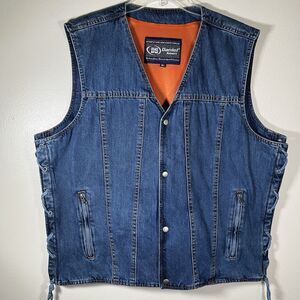 Daniel Smart Vest Mens 4XL Blue Denim Biker Motorcycle Lace Up Sides Zip Pockets